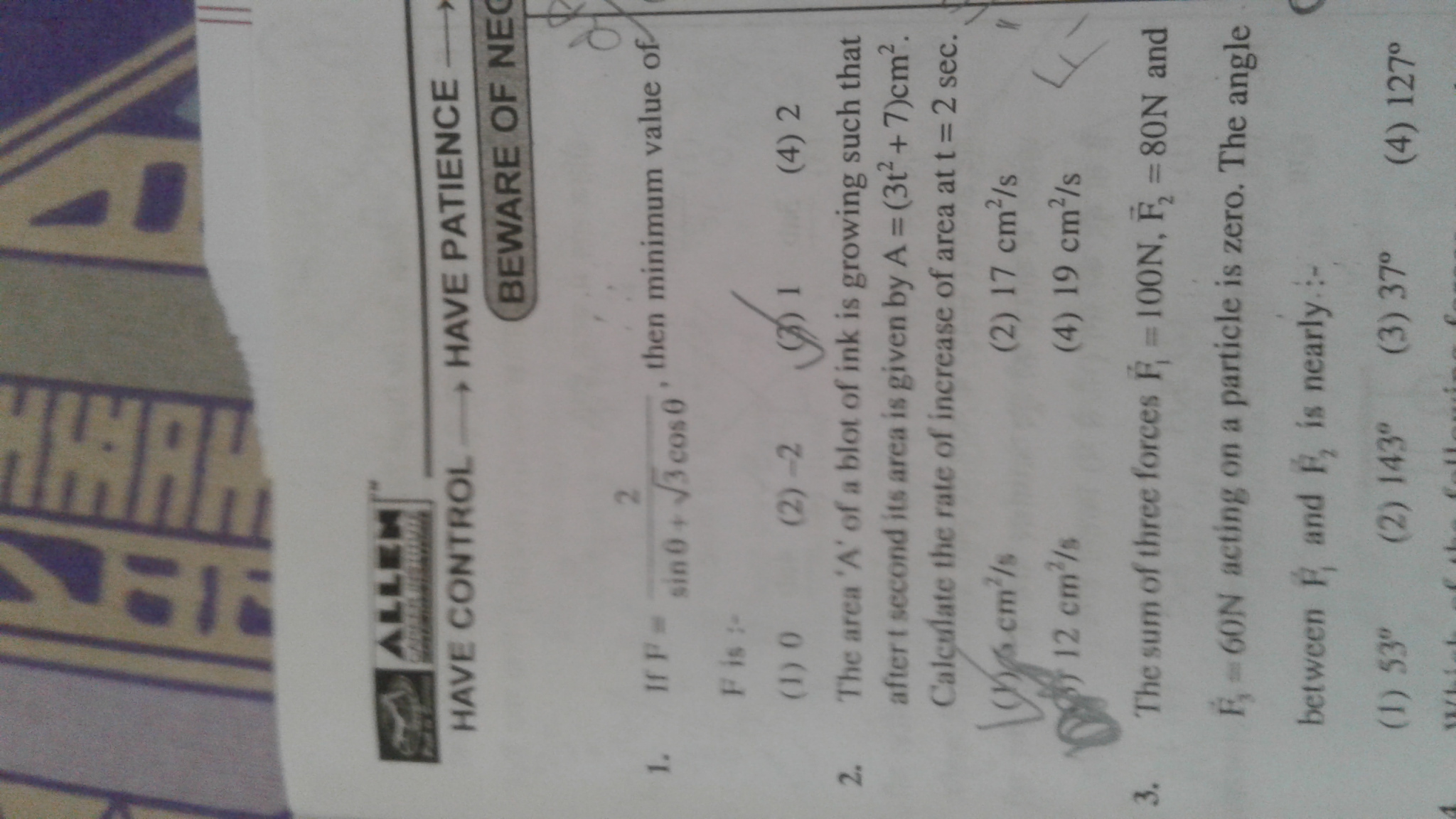 If F 2 Sin Theta Root3 Cos Theta Then Minimum Value Of F Is