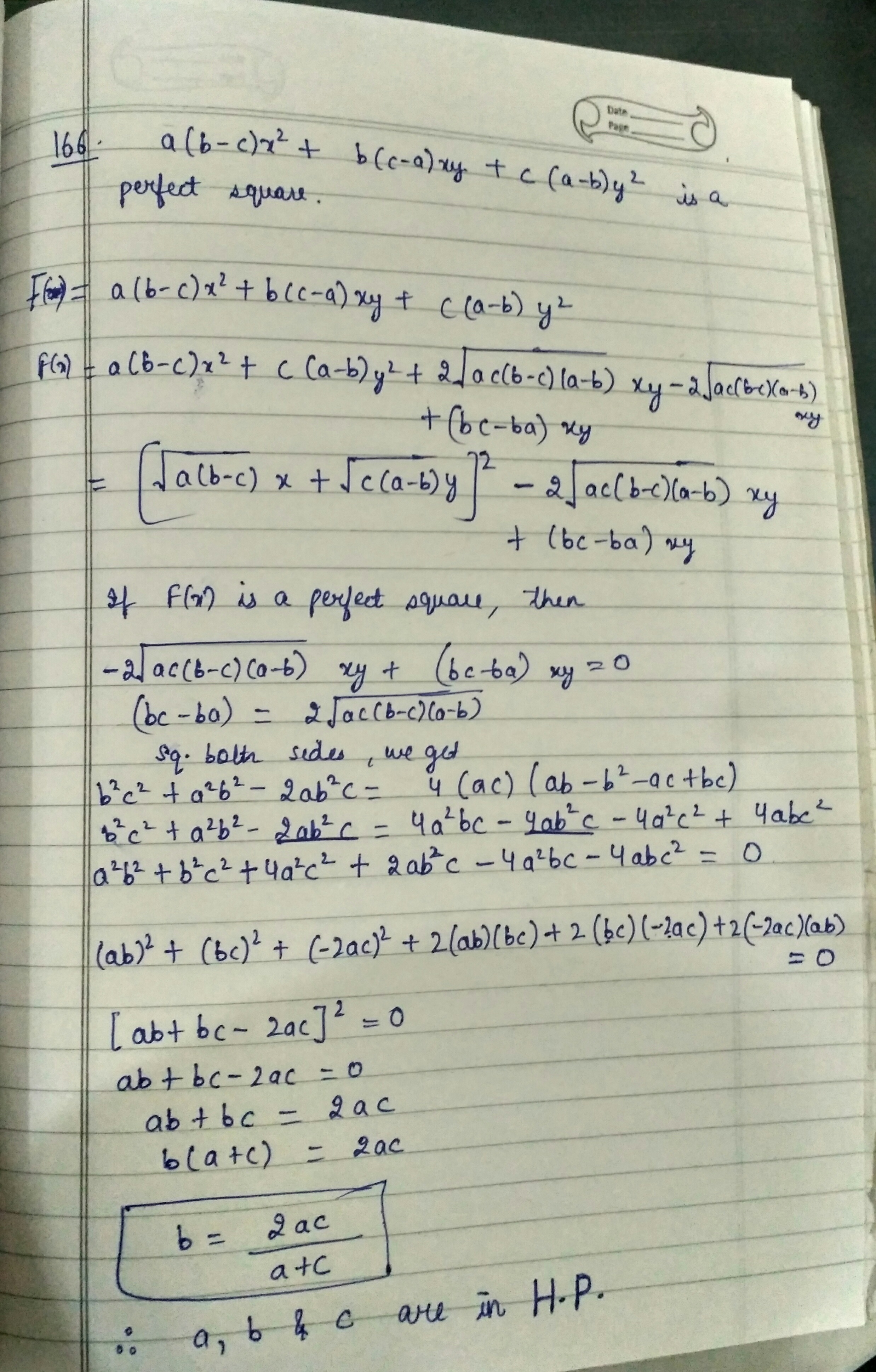 If A B C X 2 B C A Xy C A B Y 2 Is A Perfect Square Then A B C Are In A Ap B Gp C Hp D Not Of The Above