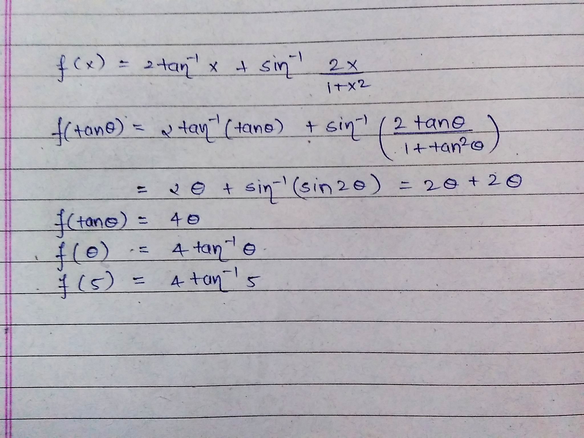 F X 2 Tan 1x Sin 1 2x 1 X 2 Then F 5