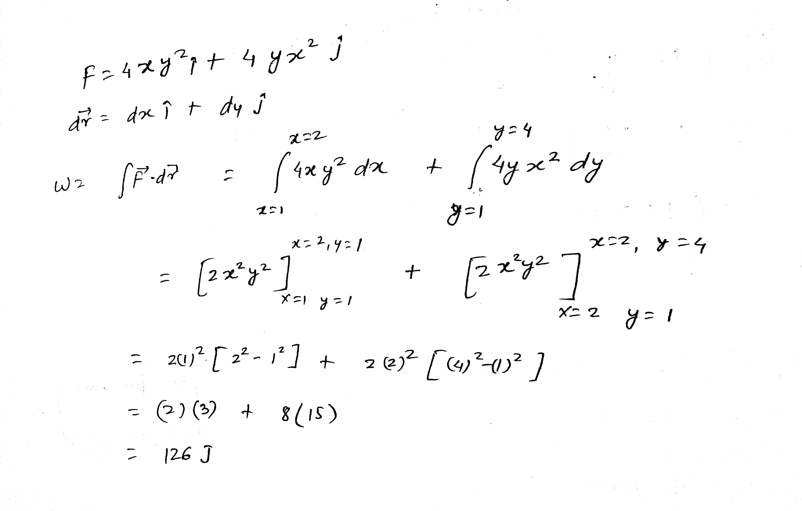 A Force F 4 Xy 2 I Yx 2 J Acts On A Particle Moving In Parabolic Path The Work Done By This Force In Moving The Particle From 1 1 To 2 4 Is